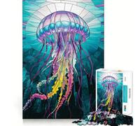 Vibrant Stained Glass Jellyfish in Ocean Depths Jigsaw Puzzles for Adults 1000 Mind Boost Game Uniform Size Precise Pieces Travel-friendly Brain Game Gift (38x52cm)