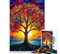 Vibrant Stained Glass Tree 1000 Adult Pieces Jigsaw Puzzle Mind Challenge Toy Neat Cut Perfect Alignment Family Fun Night Activity (38x52cm)