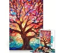 Vibrant Stained Glass Tree Jigsaw Puzzle 1000 Think Boost Game Tight Lock No Loose Pieces Interactive Brain Challenge for Home (38x52cm)