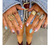 Vibrant Star Polka Dot Press On Nails Short Square French Tip - Reusable Full Cover Glossy Artificial Fake Stick On False Wraps Strips Acrylic Extensions Semi Cute Almond Stiletto Women Stickers