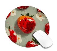 Vibrant Strawberry Floral Mouse Pad, Red Green Summer Fruits Design, Stitched Edge Non-Slip Gaming Mat for Home and Office Use Round 8x8 Inch