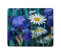 Vibrant Summer Floral Desk Mouse Pad, Blue Violet Iris and White Daisy Design, Non-Slip Rubber Washable Mousepad for Home Office Computer, Laptop Square 8x10 Inch