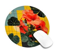 Vibrant Summer Floral Mouse Pad, Bright Red Geraniums and Green Leaves Design, Stitched Edge Non-Slip Mouse Mat for Home Office Use Round 8x8 Inch