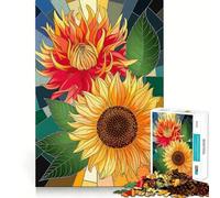 Vibrant Sunflower ﹨u Dahlia in Stained Glass Jigsaw Puzzles 1000 Mental Focus Game Precision Cut Smooth Edges Meaningful Connection Building Game (50x75cm)