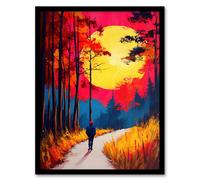 Vibrant Sunset Sky Autumn Forest Walk Path Hike Framed Art Print Artery8 Orange W12 inch x H16 inch