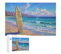 Vibrant Surfboard Scene Puzzle - 1000 Piece Wooden Jigsaw - Tropical Beach Puzzle for Adults Seeking Calm and Coastal Art