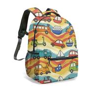 Vibrant Transportation Backpack 16 Inch Flat Illustration Print Cars Trains Airplanes Vehicle Pattern Rucksack for Travel (13)