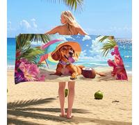 Vibrant Tropical Dachshund Beach Towel Orange Cute Dog Print Travel Blanket, Quick Dry Sand Free Soft Fun Poolside Essentials, Family Vacation Summer Sunbathing 70x35 Inch
