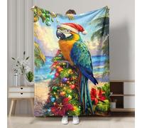Vibrant Tropical Parrot Blanket, Blue and Green Macaw Christmas Throw Blanket, Soft Cozy Plush Fleece for Holiday Decor, Sofa, Camping, Travel, All Season 50x60 Inch