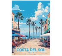 Vibrant Tropical Promenade Scene At Costa Del Sol City - Retro Europe Travel Poster A4 Size Vintage Wall Art Print of Famous European Destinations Ideal for Home or Office Decor