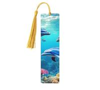 Vibrant Underwater Dolphins Unique Double-Sided Artwork Printed Wooden Bookmarks, Artistic Book Accessories Birthday Presents for Men Women Presents for Book Lovers
