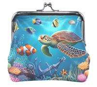 Vibrant Underwater Sea Turtle Leather Coin Purse for Women Girls Kiss Lock Buckle Coin Change Pouch Wallet, Vibrant Underwater Sea Turtle, Classic