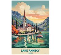 Vibrant Vintage Illustration Of Lake Annecy In France - Retro Europe Travel Poster A4 Size Vintage Wall Art Print of Famous European Destinations Ideal for Home or Office Decor