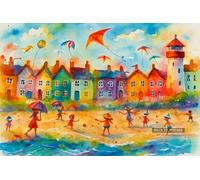 Vibrant Watercolor Beach Scene With Children And Kites - A4 Poster Lighthouse Art Print Wall Art Home Decor Coastal Scene Illustration with Ocean View for Calm and Nautical Interior Style