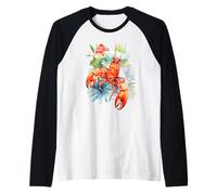 Vibrant Watercolor Lobster Tropical Flowers Ocean Art Raglan Baseball Tee