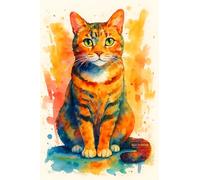 Vibrant Watercolor Painting Of A Tabby Cat Seated - A4 Poster Portrait Art Print Wall Art Featuring Adorable and Stylish Feline Faces Perfect for Home Decor Living Room or Cat Lover Space