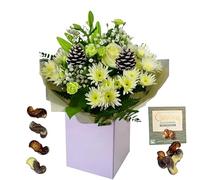 Vibrant White Rose and Gerbera Flower Bouquet - Green Chrysanthemum - Fresh Floral Arrangement (Chocolate)