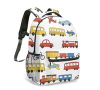 Vibrant Yellow Cartoon Vehicles Print Backpack 16 Inch Kids School Bag with Playful Planes Trains Cars and Clouds Pattern (10)
