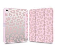 VibrantFruitique Cute Case for 12.9" iPad Pro 6th/5th/4th/3rd Gen (2022/2021/2020/2018) Dusty Pink Leopard Print Clear Hard Back Hybrid Case,with Pencil Holder Trifold Stand Slim Cover for Women