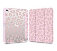 VibrantFruitique Cute Case for iPad (A16) 11th Gen 2025 11"/10th Gen 2022 10.9" Dusty Pink Leopard Print Clear Hard Back Hybrid Case,with Pencil Holder Trifold Stand Slim Tablet Cover for Women