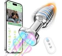 Vibrating Anal Beads Sex Toys, Light up Anal Butt Plug Prostate Massager with LED Heart Base APP Remote Control Vibrator, Stainless Steel Glow in The Dark Prostate Orgasm Vibrator (Small)