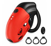 Vibrating E-Stim Chastity Cage, Remote, 17 Modes, 3 Rings | Smooth red and black finish with ventilated shell and key lock