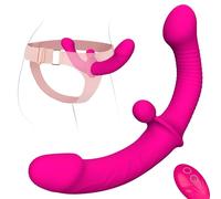 Vibrating Strap-On Dildo Sex Toys, Wordone Double Dongs Dildos Silicone with 10 Vibrations, Adjustable Harness G-Spot Dildos with Remote Control (RoseFR)