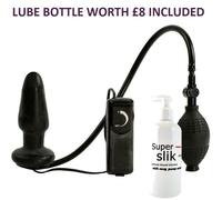 Vibrator Butt Plug Inflatable 4 Inch Black Silicone Anal Sex Toy - WITH £8 LUBE