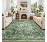 Vibrug Sage Green 9x12 Vintage Boho Rug for Living Room - Washable Dining Room Rugs Under Table, Soft Low Pile Floral Moss Green Carpet for Bedroom, Non-Slip Bohemian Large Rug for High Traffic Area