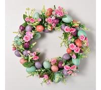 Vibsky Pink Easter Wreath 14 Inch, Handmade Silk Flower and Eucalyptus for Door Hanging, Spring Holiday Decoration with Colorful Egg Accents