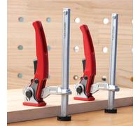 Vibsky Woodworking Bench Clamp with Ratcheting Action 34 Inch Table Holes, Self-Aligning Grip and Anti-Slip Bar End, Red Silver