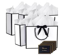 Vibury 5 Pack Medium Present Bag Gift Wrapping Bag with Bow Ribbon Tissue Paper and Cards Gift Bag for Birthday Wedding Party 28x10x20cm (5-White-BlackEdge)