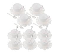 VICASKY 10 Sets Miniature Coffee Cups with Saucers and Metal Spoons White Vintage Dollhouse Kitchen Accessories Realistic Tiny Plastic Coffee Play Set for Role Playing DIY Crafts
