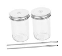 VICASKY 2 Sets Wide Mouth Glass Mason Jar Cups with Lid and Straw Leak Juice Storage Mugs for Home Office Bars Transparent Beverage Containers for Milk Yogurt Smoothies