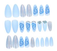 VICASKY 24 pcs Blue Rose Press Nails with Rhinestones Manicure False Nail for Women and Easy to Apply for Wedding Birthday Prom Daily Wear Unique Floral Design