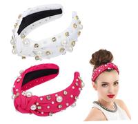 VICASKY 2pcs Beaded Headband Artificial Pearl Knotted Wide Headband Women Top Knot Hair Accessory Party Jeweled