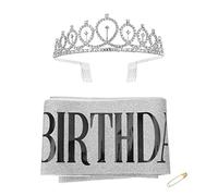 VICASKY 2Pcs Birthday Sash and Crown Glittering Tiara with Rhinestones Party Accessories for Birthday Queens Comfortable and Material for Celebrating