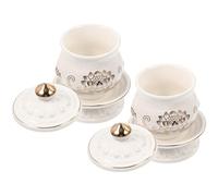 VICASKY 2pcs Ceramic Water Offering Cup with Tray and Lid for Temple Altar | White Porcelain, Lotus Relief and Glossy Finish, Dustproof Cover, Ritual Use for Home Shrine Setup
