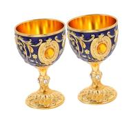 VICASKY 2pcs European Embossed Chalice Goblet Vintage Metal Shot Glasses with Gold Translucent Blue Finish Single Sip Spirit Cup for Ceremonial Use and Halloween Decorative Wine Cups