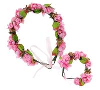 VICASKY 2Pcs Flower Headband Wristband Set Floral Jewelry for Brides Bridesmaids and Parties Delicate Decorative Photo Props Pink