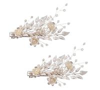VICASKY 2pcs Pearl Hair Clips Silver Hair Accessories for Girls Women Fashion Bead and Leaf Clip for Weddings Parties Evening Events