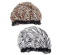 VICASKY 2pcs Satin Lace Sleeping Hats for Women Comfortable Bonnet Black and White Zebra Golden Leopard Print for Hair Care at Night