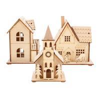 VICASKY 3-Piece House, Small House, Wooden Craft, Christmas Village, Wood, Mini, DIY, Cardboard, Tiny White Miniature Ceramic LED Light with Battery, Unfinished Landscape, Table Decoration