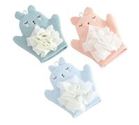 VICASKY 3pcs Cartoon Baby Bath Mitts Reusable Wash Gloves Soft Exfoliating Bath Rubbing Towels for Toddler Bathing Dual-Sided Sponge Gloves in Sky Blue Tangerine Pink and Mint Green