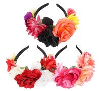 VICASKY 3pcs Halloween Gothic Headbands Set Vintage Artificial Rose Floral Crowns Party Hair Accessories for Women, Costume Headbands with Black-orange, White-red, Dark Burgundy-pink