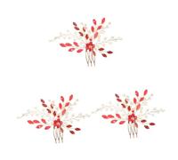 VICASKY 3pcs Red Bridal Hair Comb with Rhinestone Pearls Wedding Hair Accessory for Women and Elegant Side Clip for Brides Proms and Special Occasions