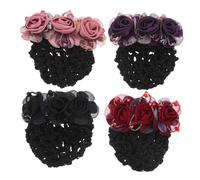 VICASKY 4pcs Floral Hair Bun Holder Covers with Net Snood Hairnet Chinese-style Hair Ornament Clips for Women Secure Fixation Versatile Asian Accessories in Red Black Pink Purple