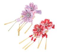 VICASKY 4pcs Japanese and Chinese Style Flower Hair Clips for Elegant Tassel Hairpins with Kimono Fabric Versatile Barrettes for Hanfu Costume Party and Festival Accessories