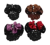 VICASKY 4pcs Rhinestone Snood Hair Bun Clips Set Velvet Plum Blossom Design, Elastic Mesh Hairnet Holders for Women’s Professional Nurse Hair Accessories