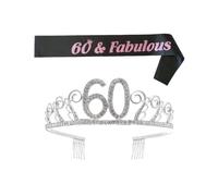 VICASKY 60th Birthday Party Sash and Rhinestone Crown Hair Comb Set, Crystal Tiara Headband with Letter Printing Etiquette Belt for Women’s Celebration Accessories